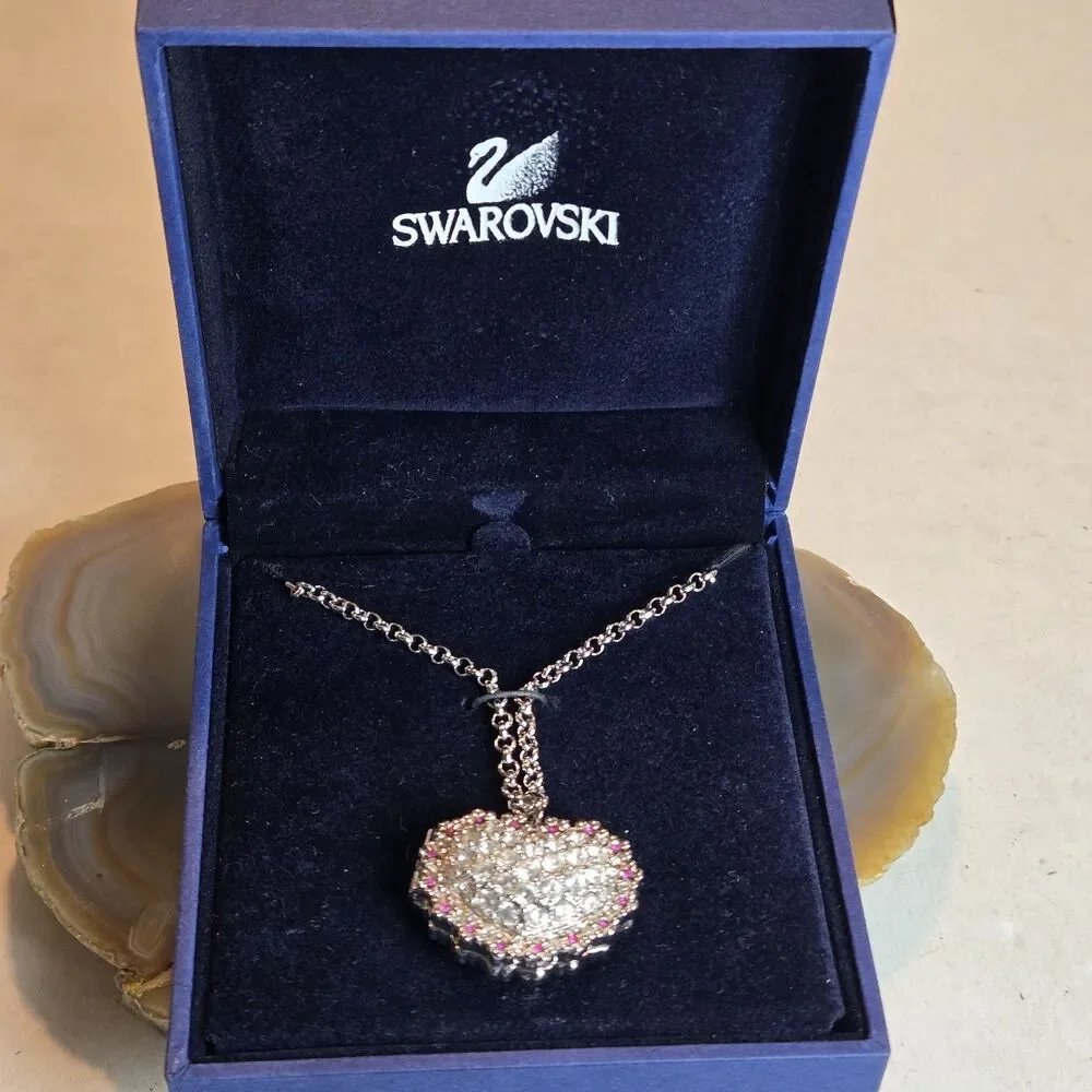 Vintage Swarovski Crystal Heart Locket Necklace Pink Clear Swan Box COA
